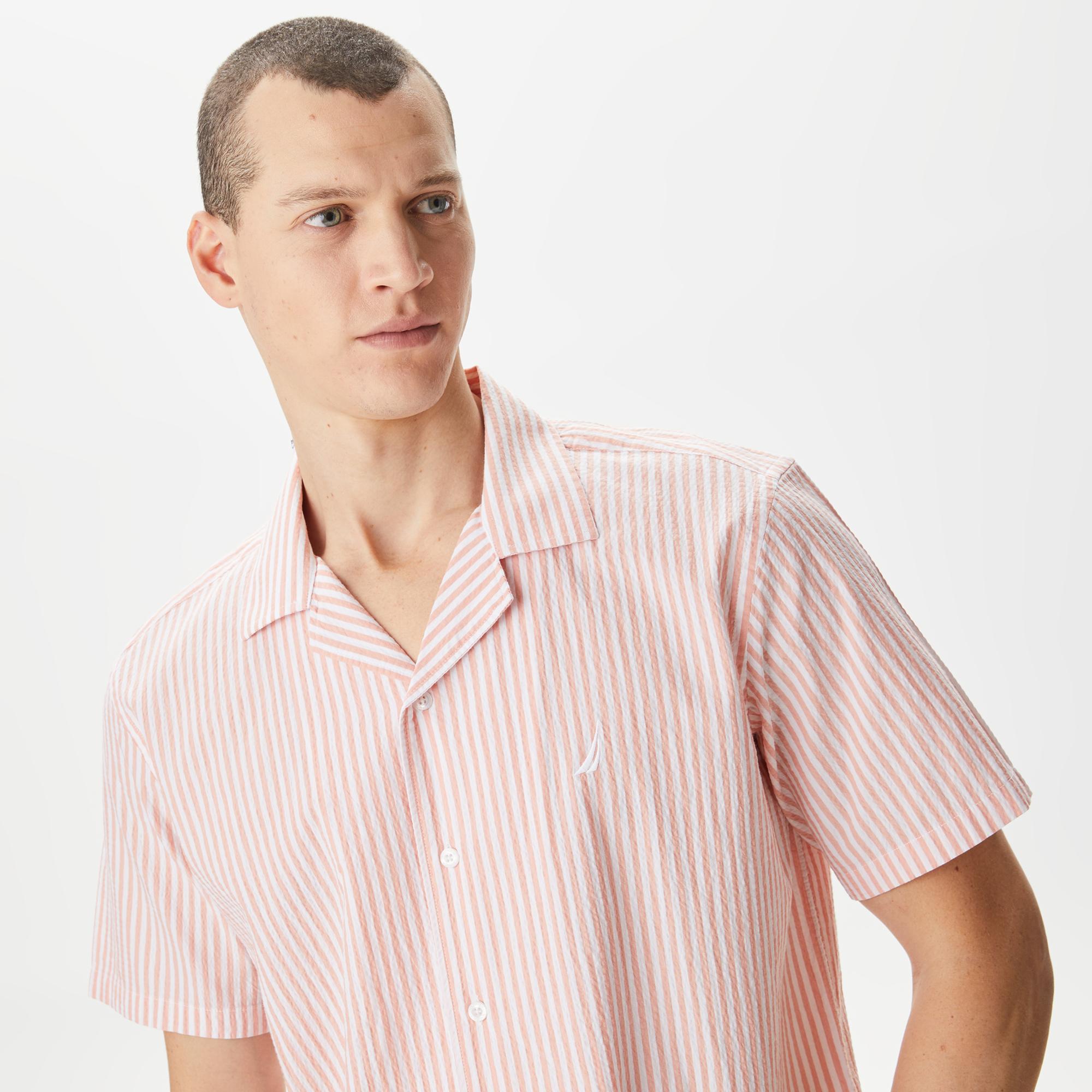 Nautica Erkek Turuncu Classic Fit Kısa Kollu Çizgili Gömlek