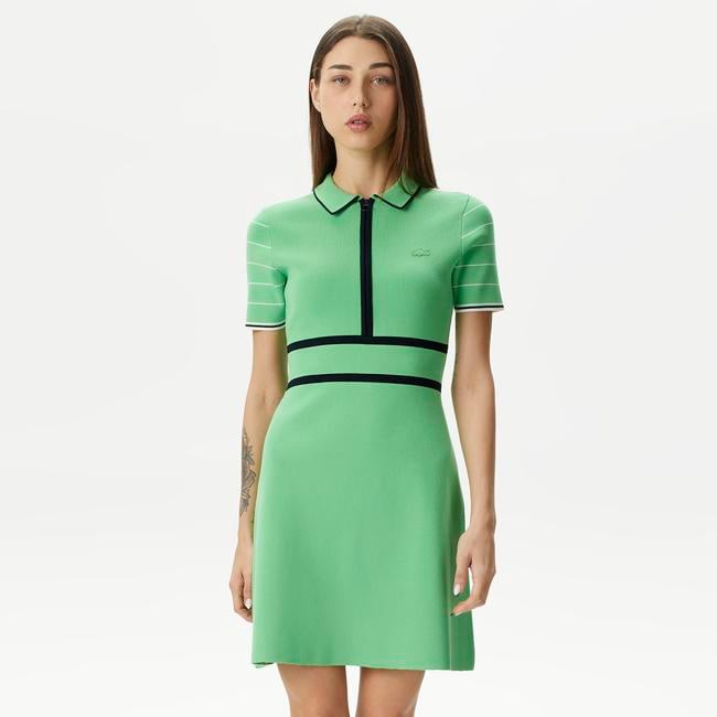  Kadın Flare Fit Polo Yaka Yeşil Elbise