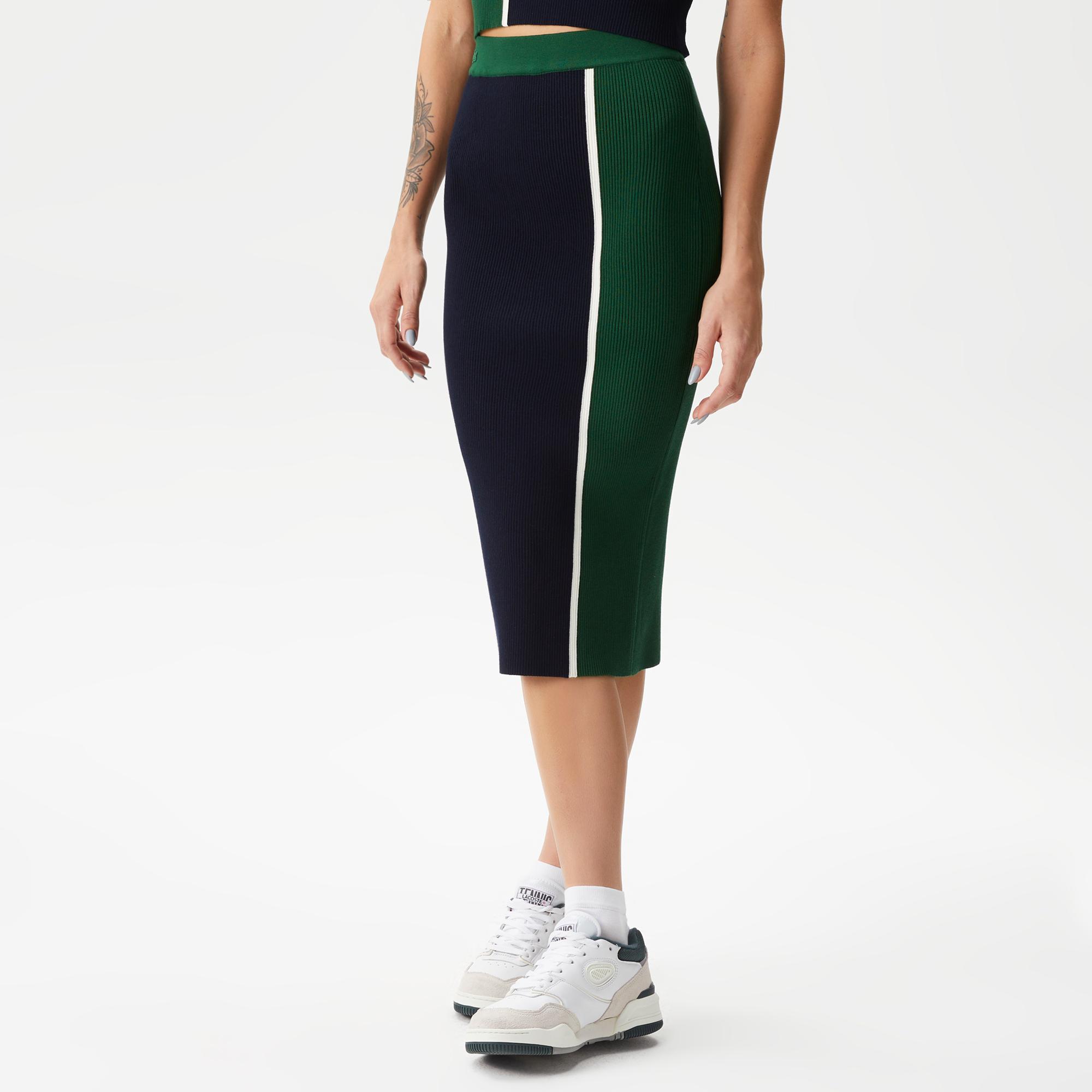 Kadın Slim Fit Renk Bloklu Lacivert Etek