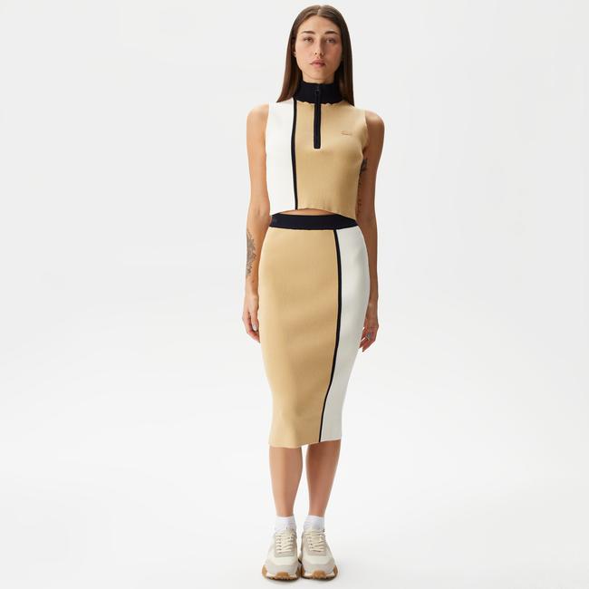  Kadın Slim Fit Renk Bloklu Bej Etek