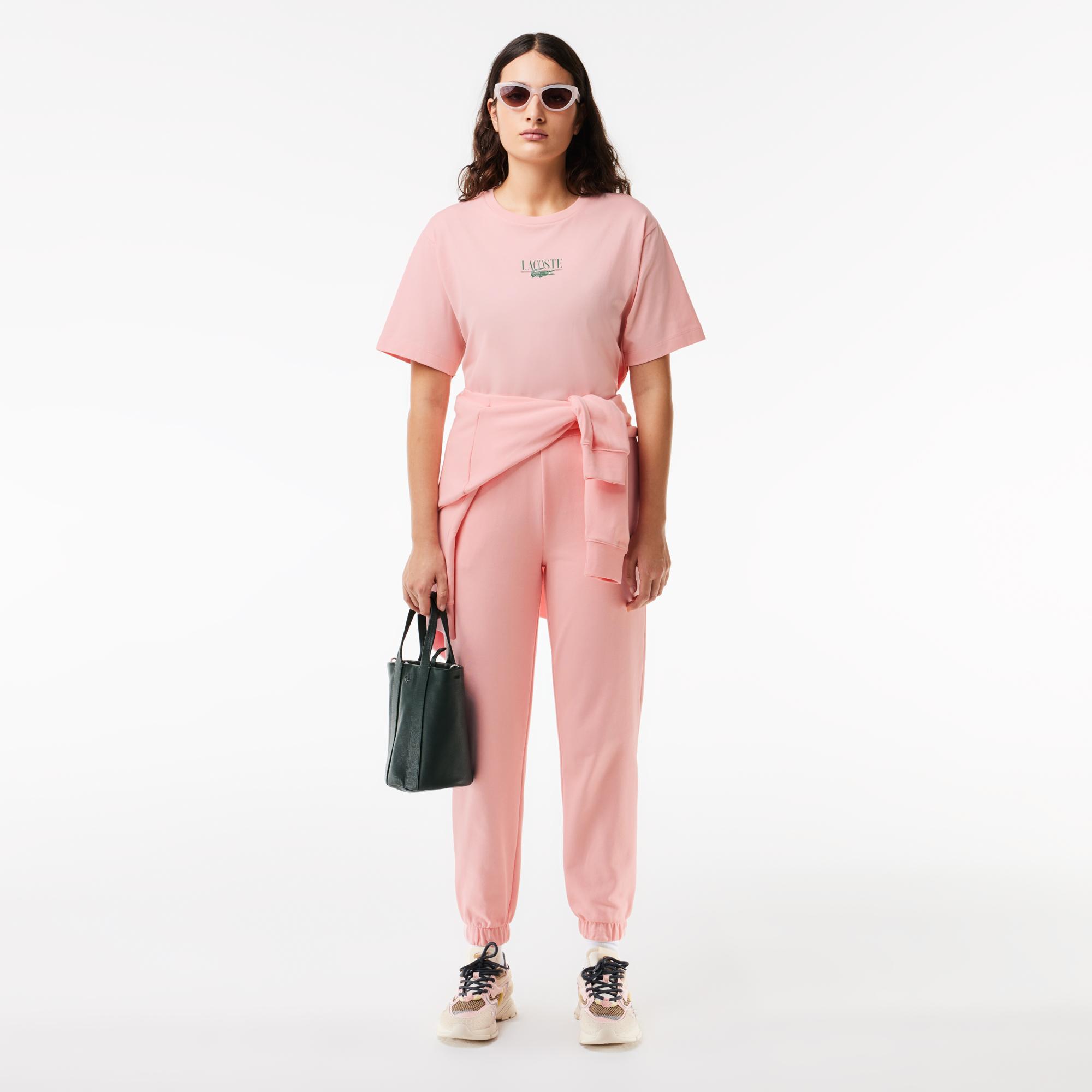 Lacoste Kadın Relaxed Fit Bisiklet Yaka Baskılı Pembe T-Shirt