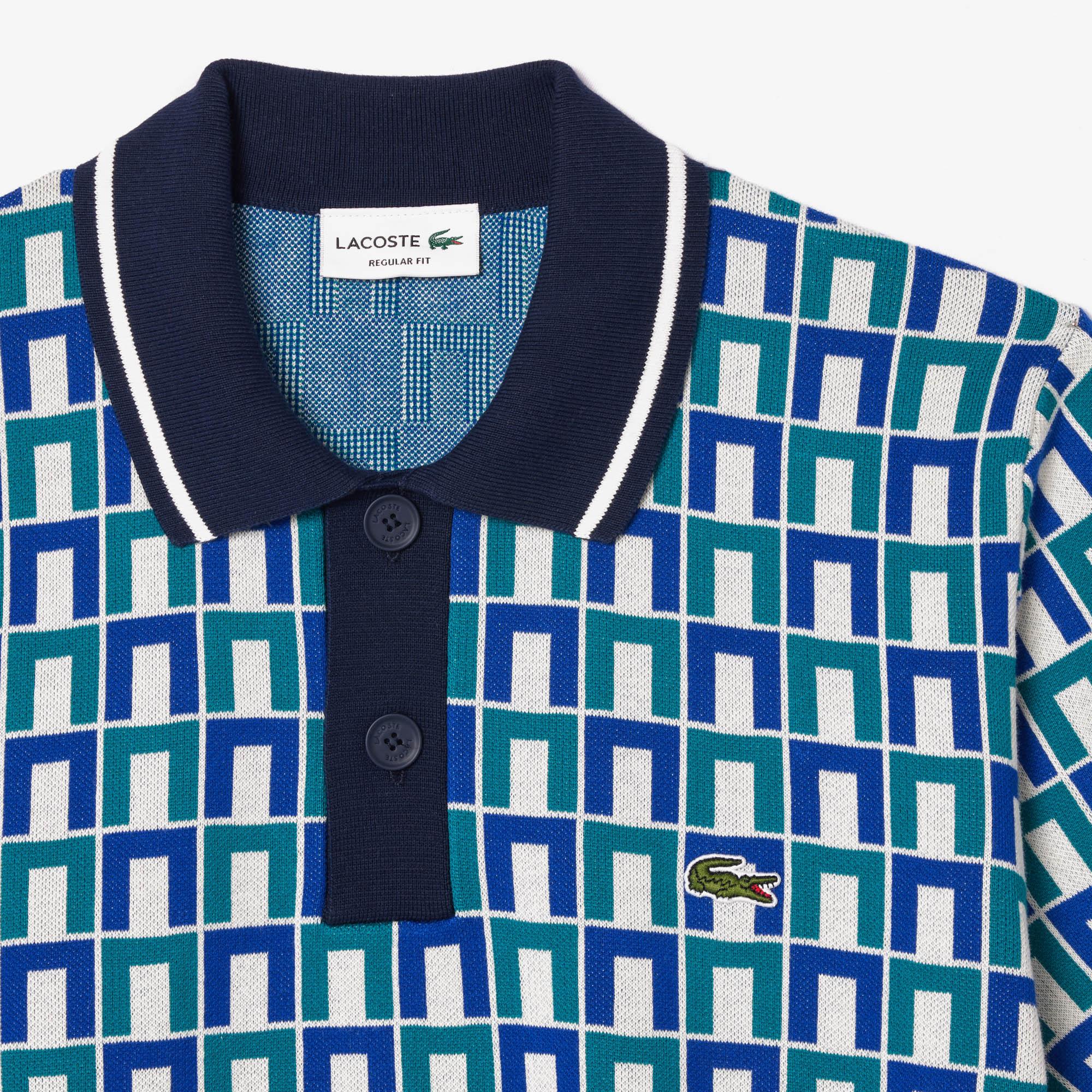 Erkek Regular Fit Gömlek Yaka Monogram Yeşil Triko