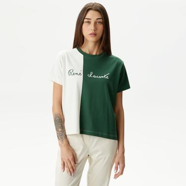  Kadın Loose Fit Bisiklet Yaka Renk Bloklu Beyaz T-Shirt