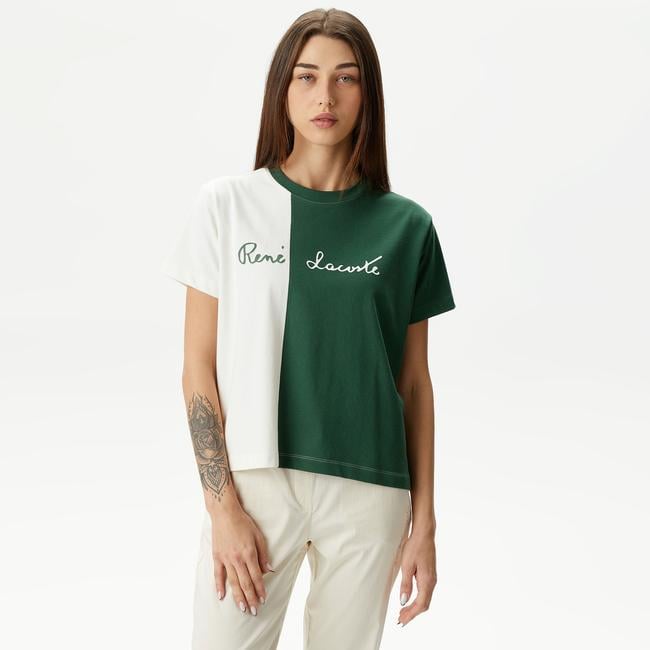  Kadın Loose Fit Bisiklet Yaka Renk Bloklu Beyaz T-Shirt