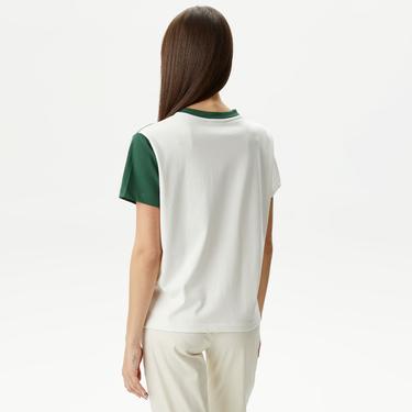  Kadın Loose Fit Bisiklet Yaka Renk Bloklu Beyaz T-Shirt