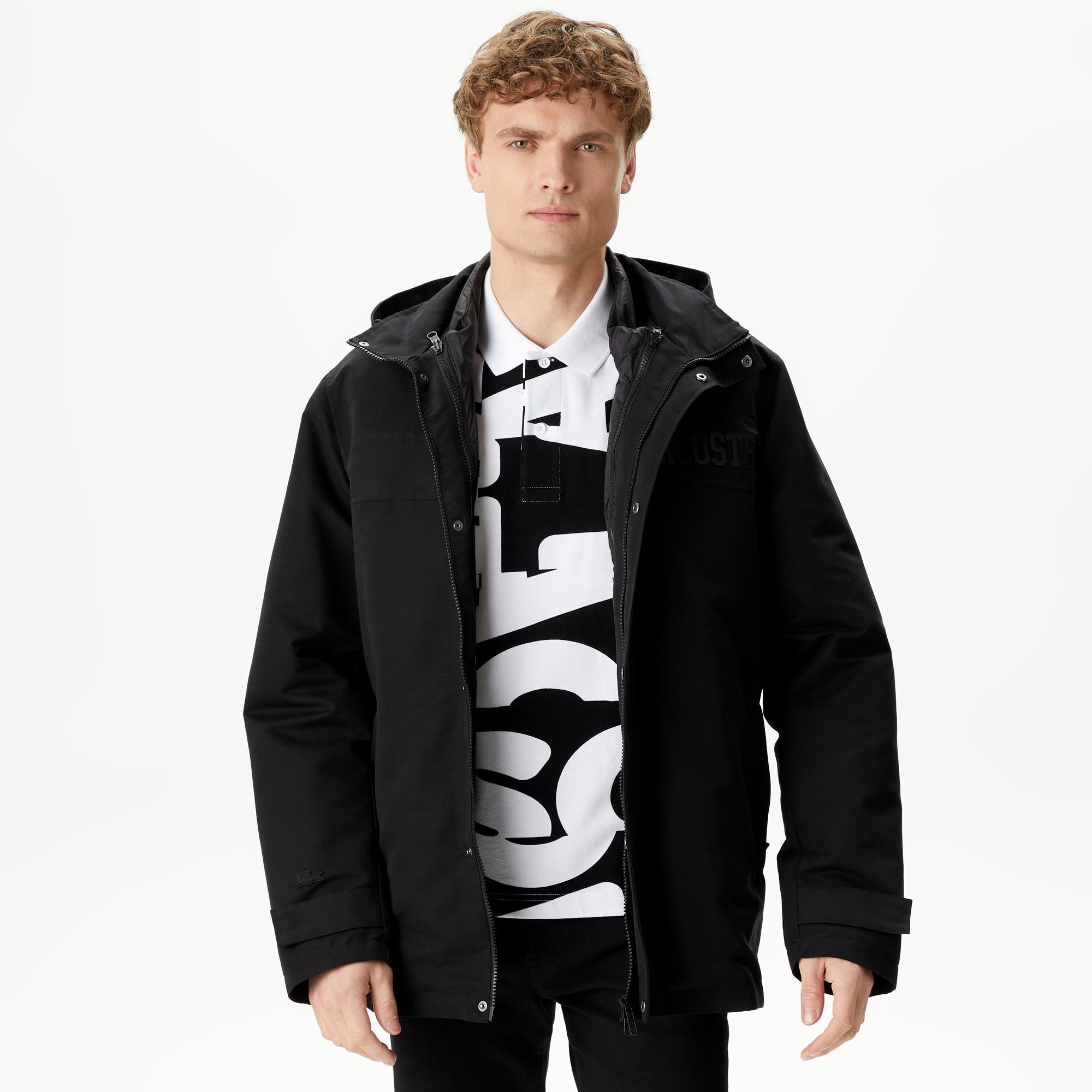 Erkek Kapüşonlu Siyah Çıkarılabilir Yelek Detaylı Mont