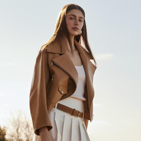  Albinia Kahve Kadın Deri Biker Ceket