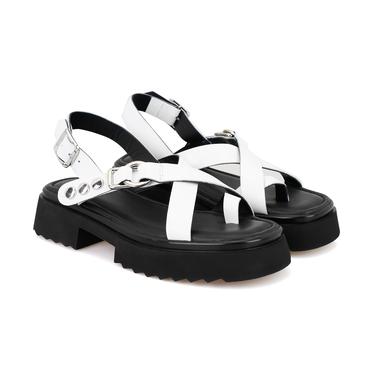  Kadın Beyaz Ayarlanabilir Tokalı Deri Sandalet