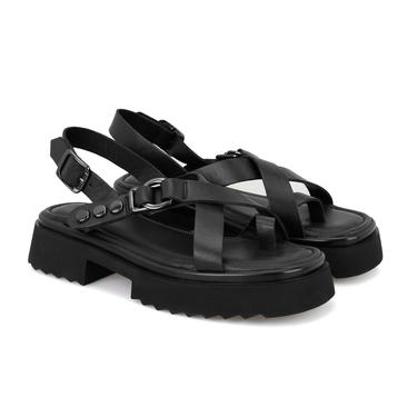  Kadın Siyah Ayarlanabilir Tokalı Deri Sandalet