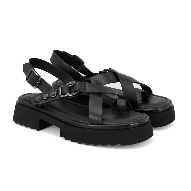  Kadın Siyah Ayarlanabilir Tokalı Deri Sandalet