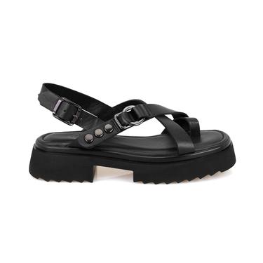  Kadın Siyah Ayarlanabilir Tokalı Deri Sandalet