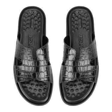 David Siyah Erkek Kroko Baskılı Deri Terlik