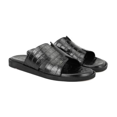  David Siyah Erkek Kroko Baskılı Deri Terlik