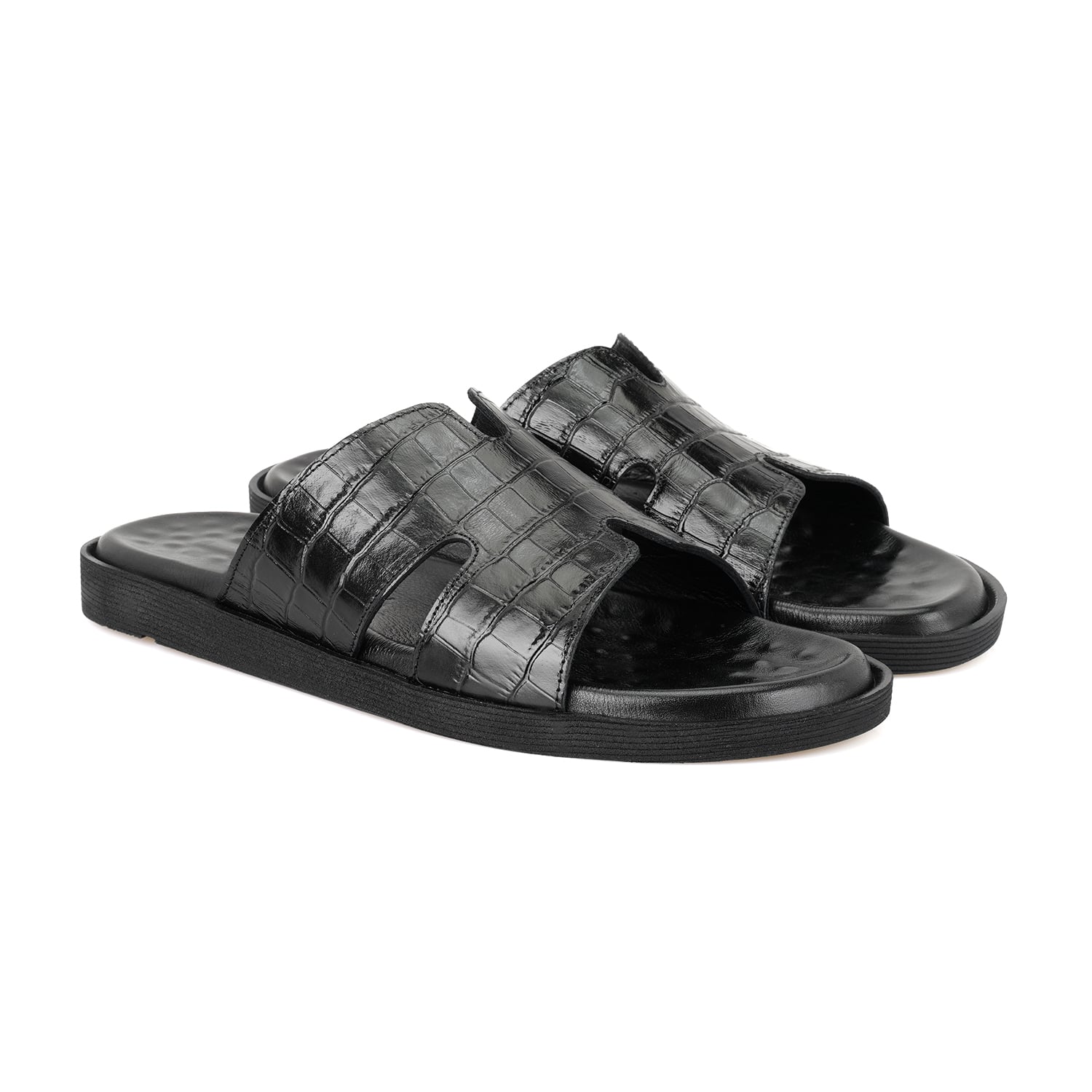  David Siyah Erkek Kroko Baskılı Deri Terlik