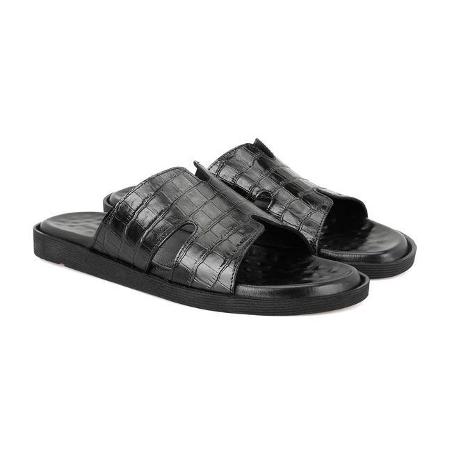  David Siyah Erkek Kroko Baskılı Deri Terlik