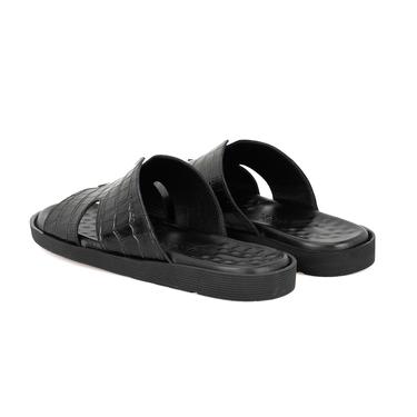  David Siyah Erkek Kroko Baskılı Deri Terlik
