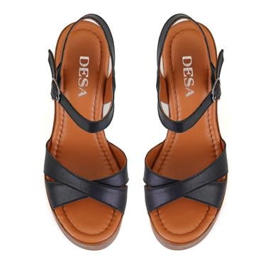  Kadın Siyah Platform Topuklu Deri Sandalet