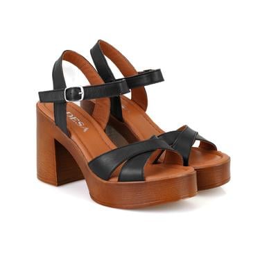  Kadın Siyah Platform Topuklu Deri Sandalet