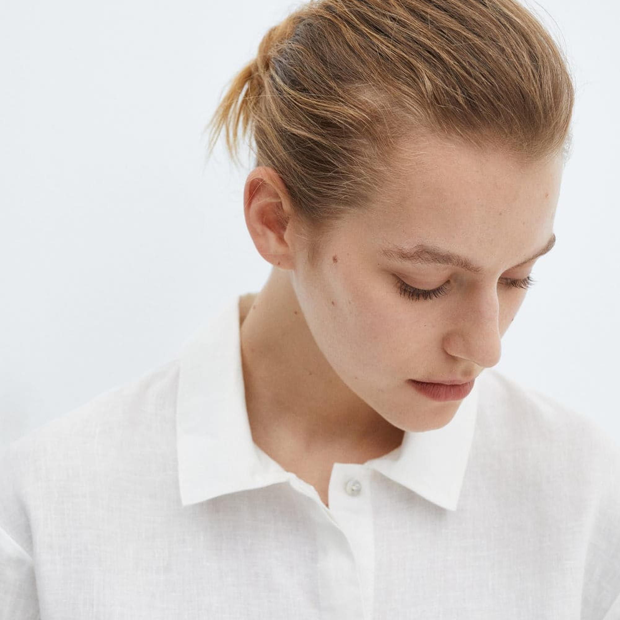 Mango Kadın %100 Keten Pijama Gömlek Beyaz