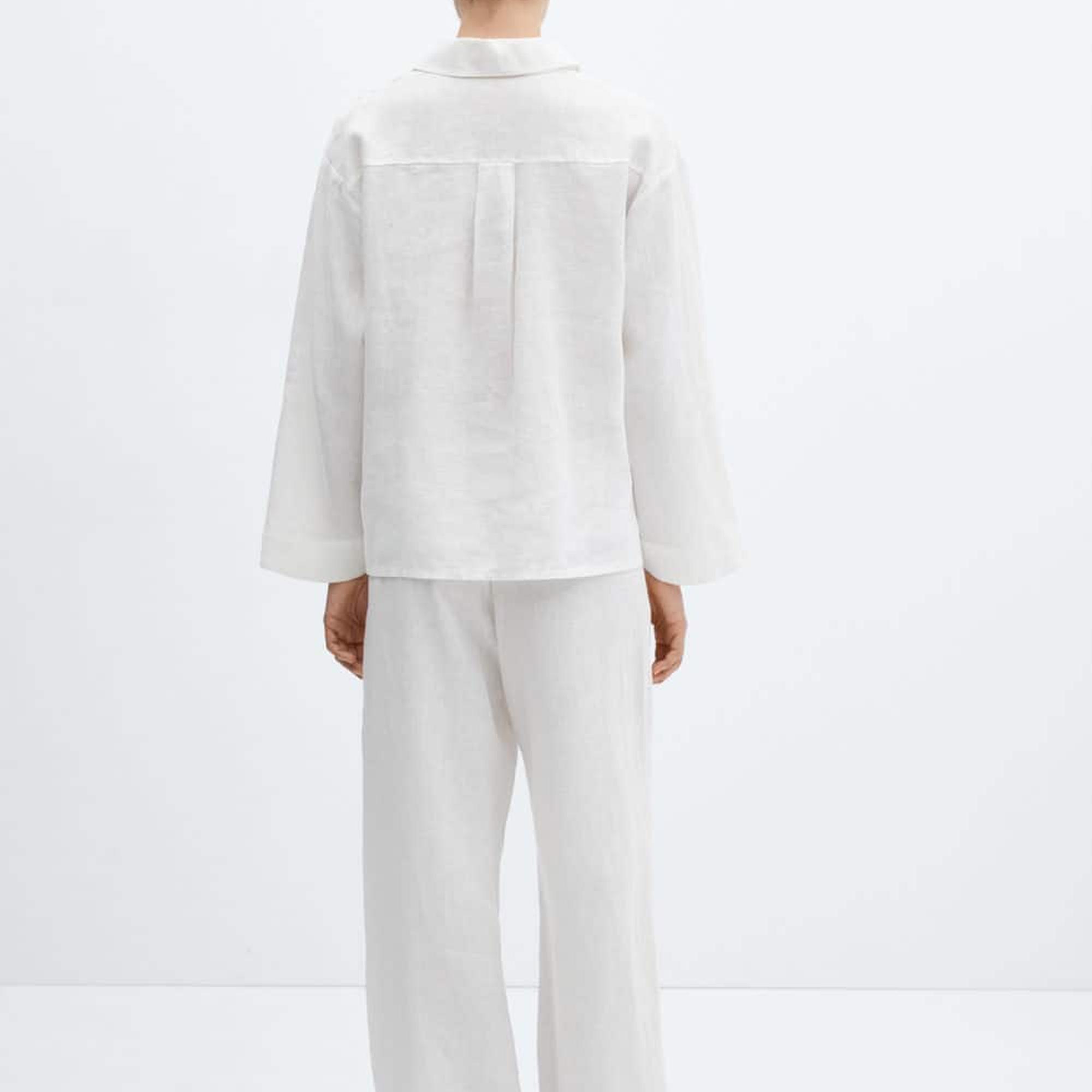 Mango Kadın %100 Keten Pijama Gömlek Beyaz