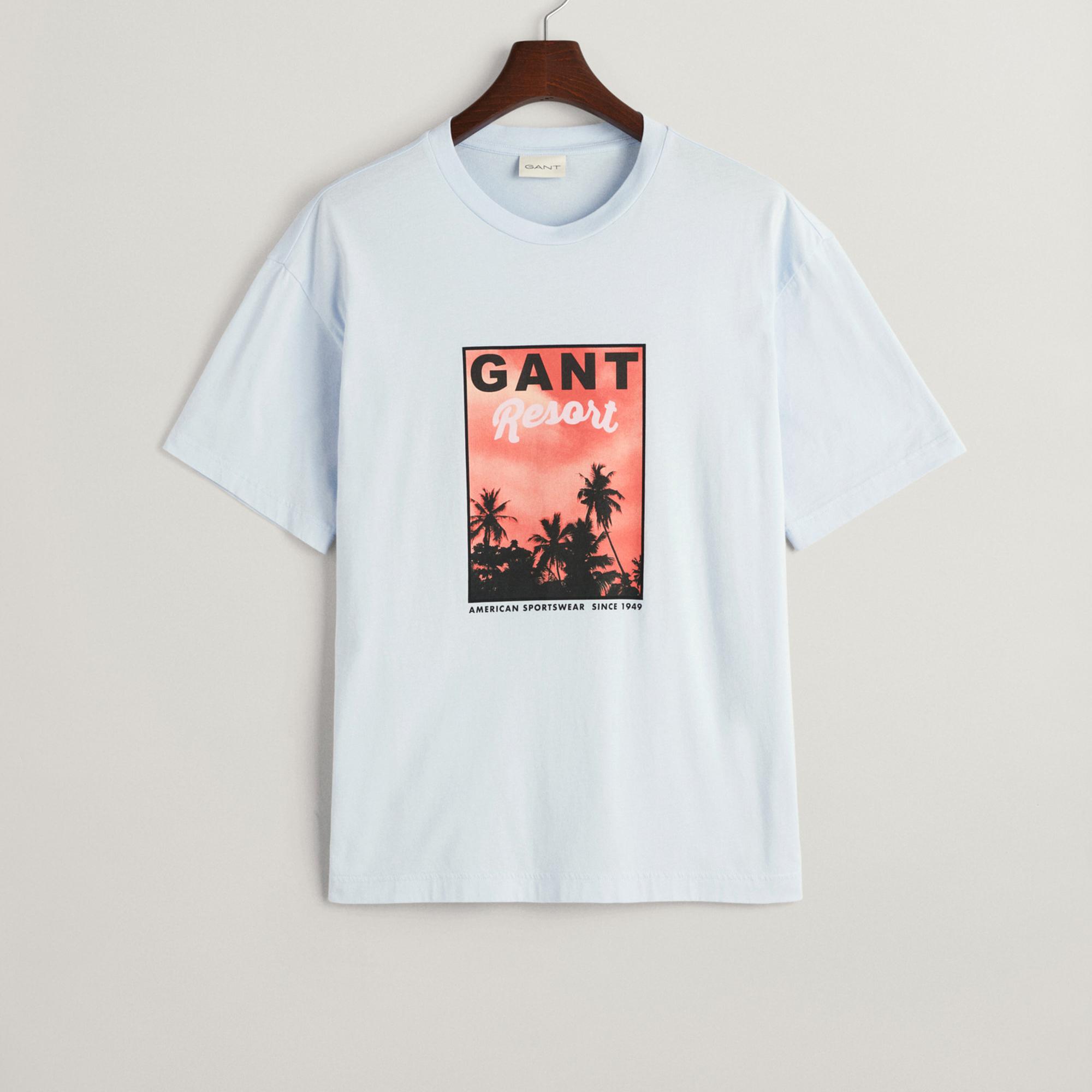 GANT Erkek Mavi Regular Fit Bisiklet Yaka Baskılı T-shirt