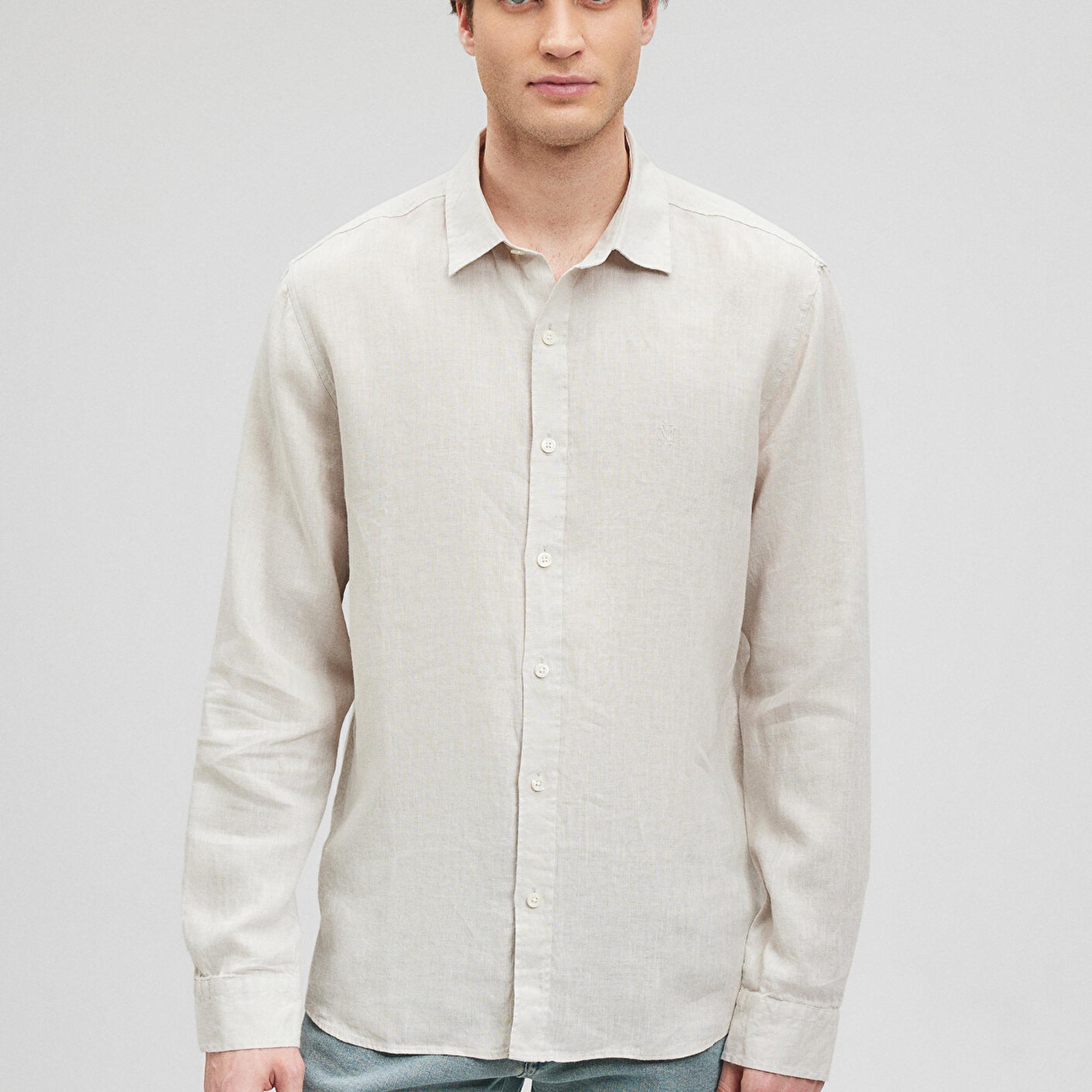 Mavi Bej Keten Gömlek Slim Fit / Dar Kesim 021190-70144