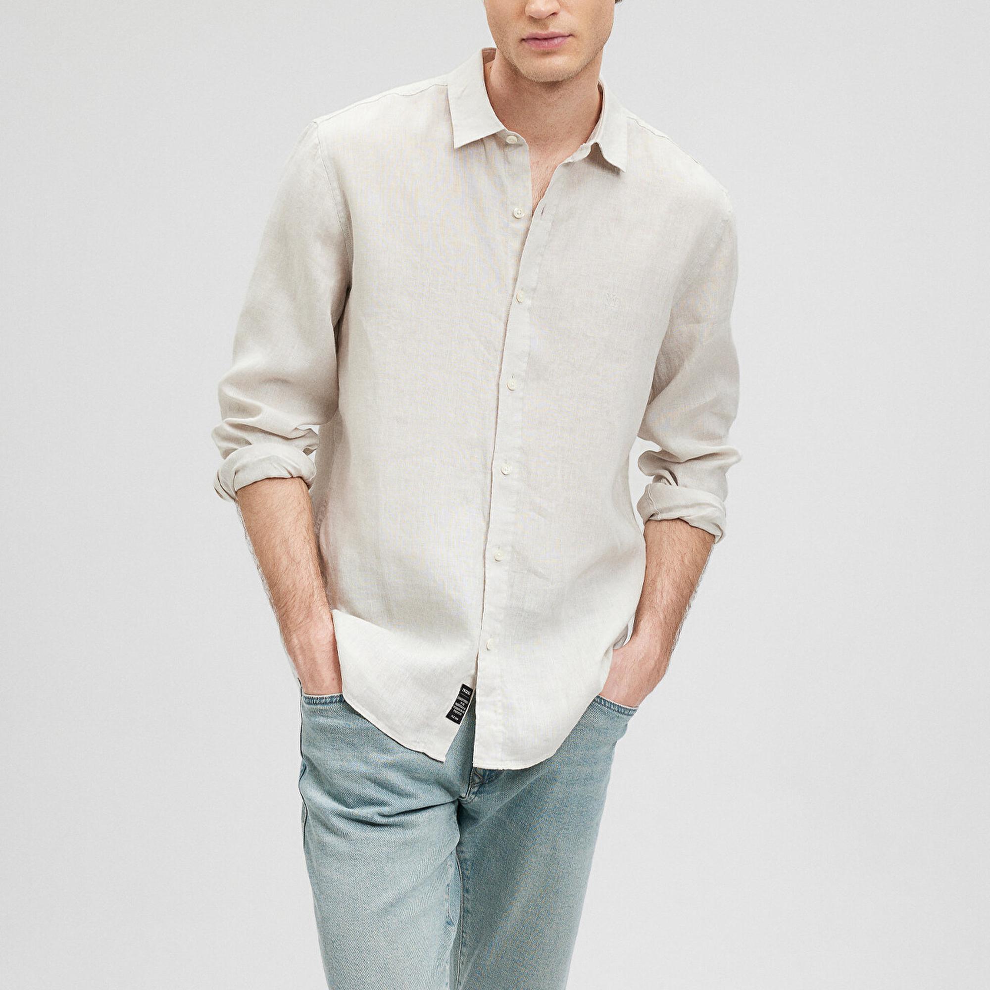 Mavi Bej Keten Gömlek Slim Fit / Dar Kesim 021190-70144