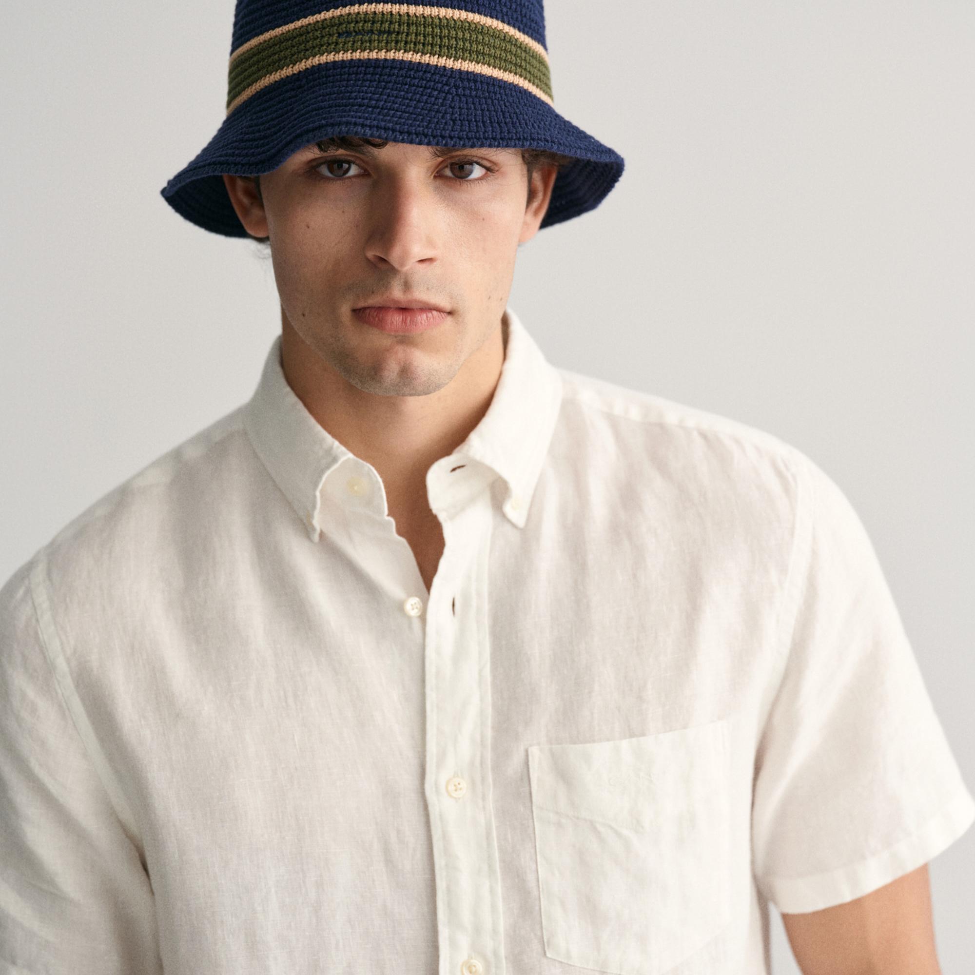 GANT Erkek Beyaz Regular Fit Düğmeli Yaka Keten Gömlek