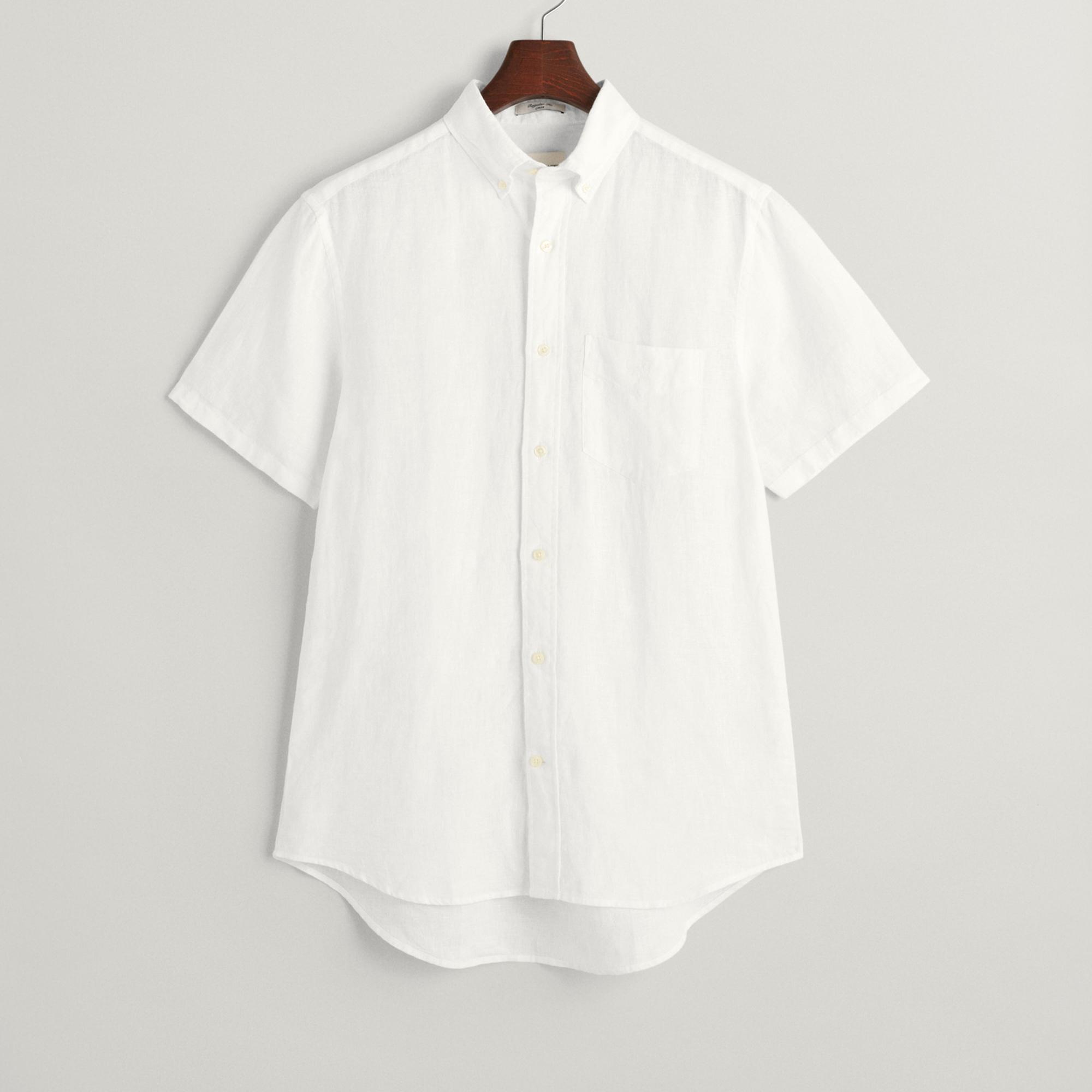 GANT Erkek Beyaz Regular Fit Düğmeli Yaka Keten Gömlek