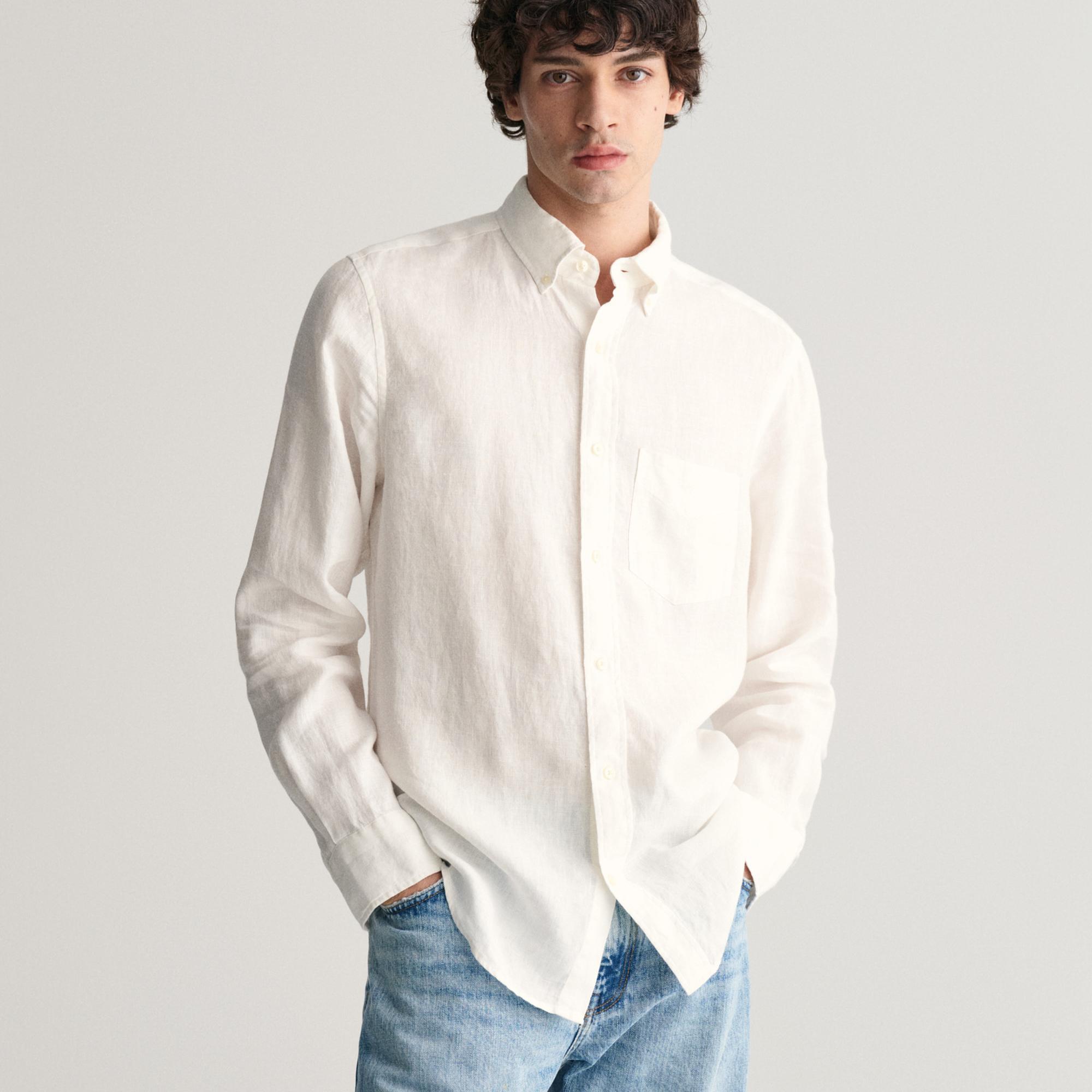GANT Erkek Beyaz Regular Fit Düğmeli Yaka Keten Gömlek