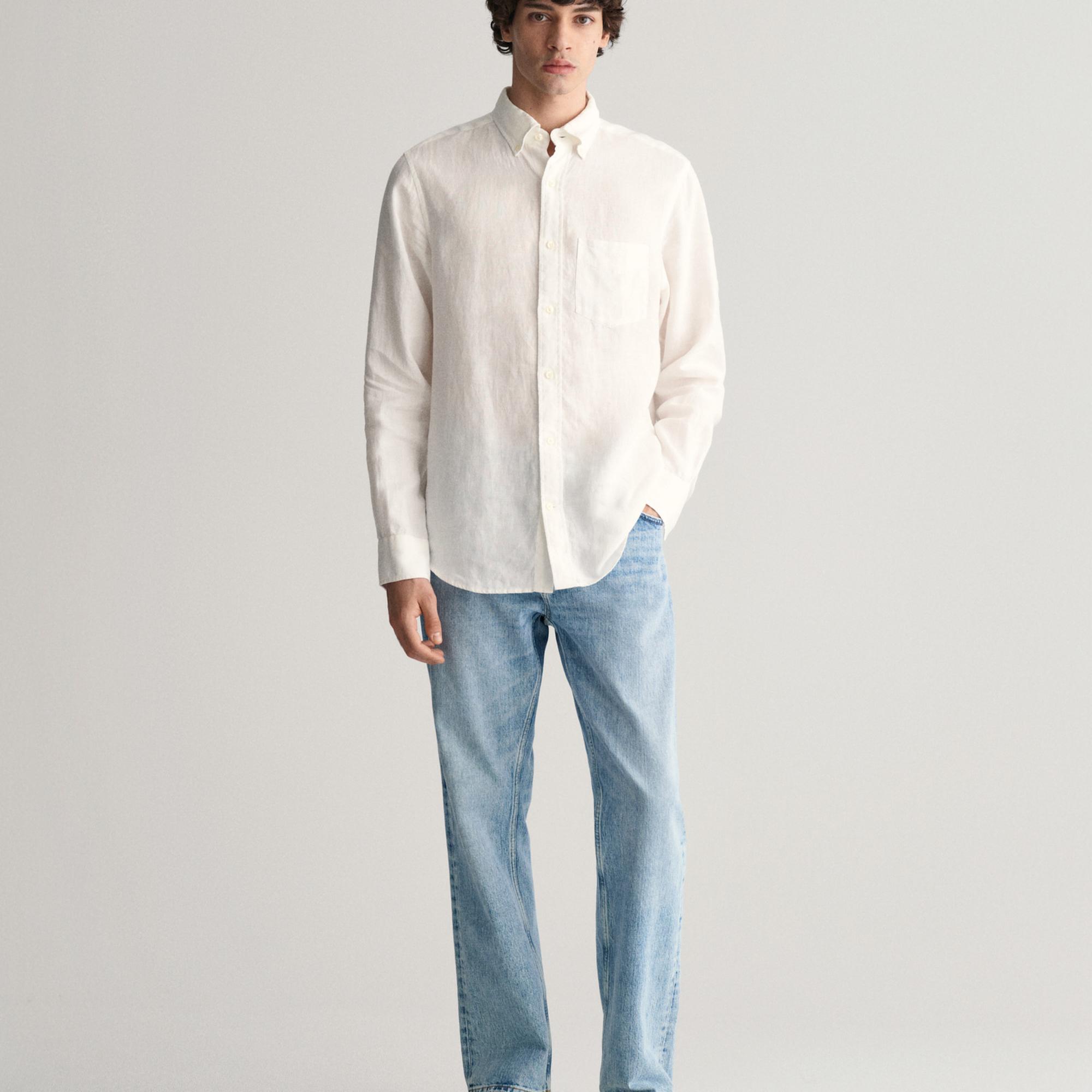 GANT Erkek Beyaz Regular Fit Düğmeli Yaka Keten Gömlek