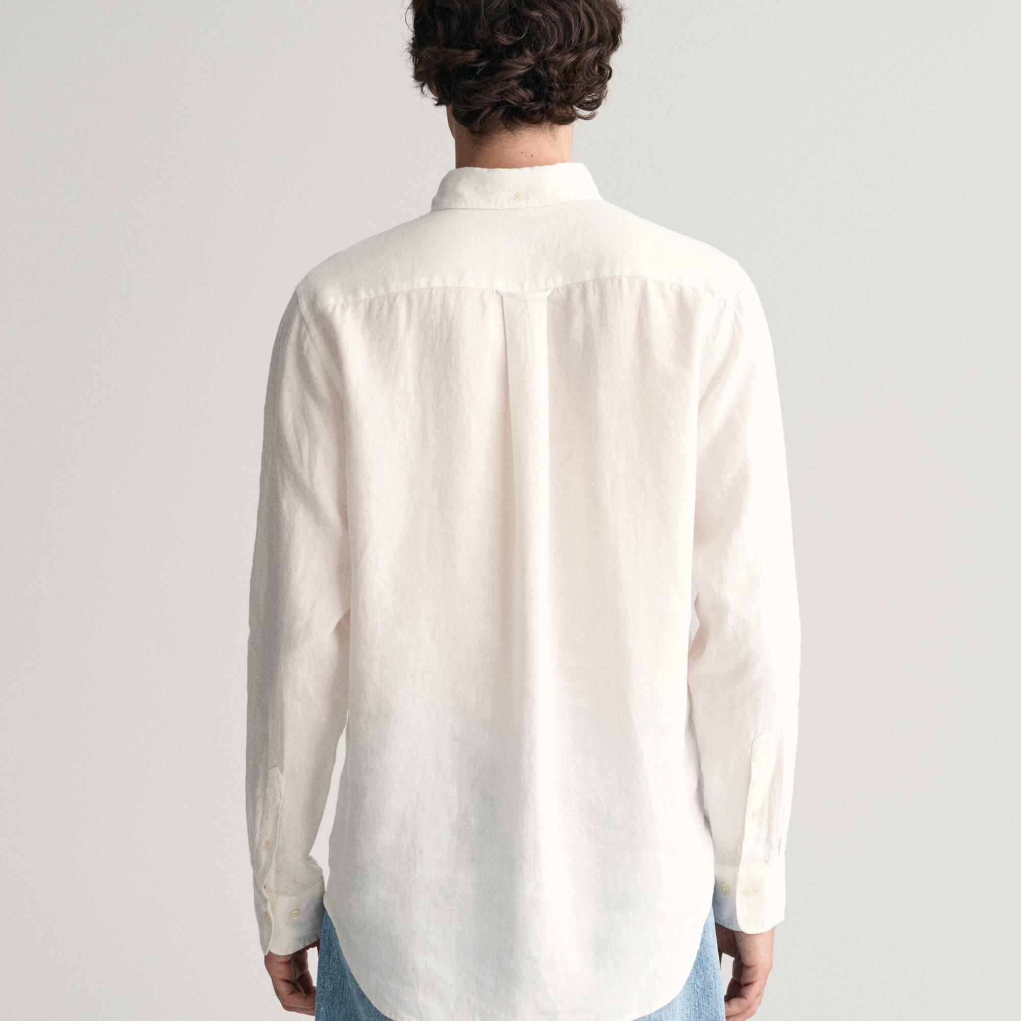 GANT Erkek Beyaz Regular Fit Düğmeli Yaka Keten Gömlek