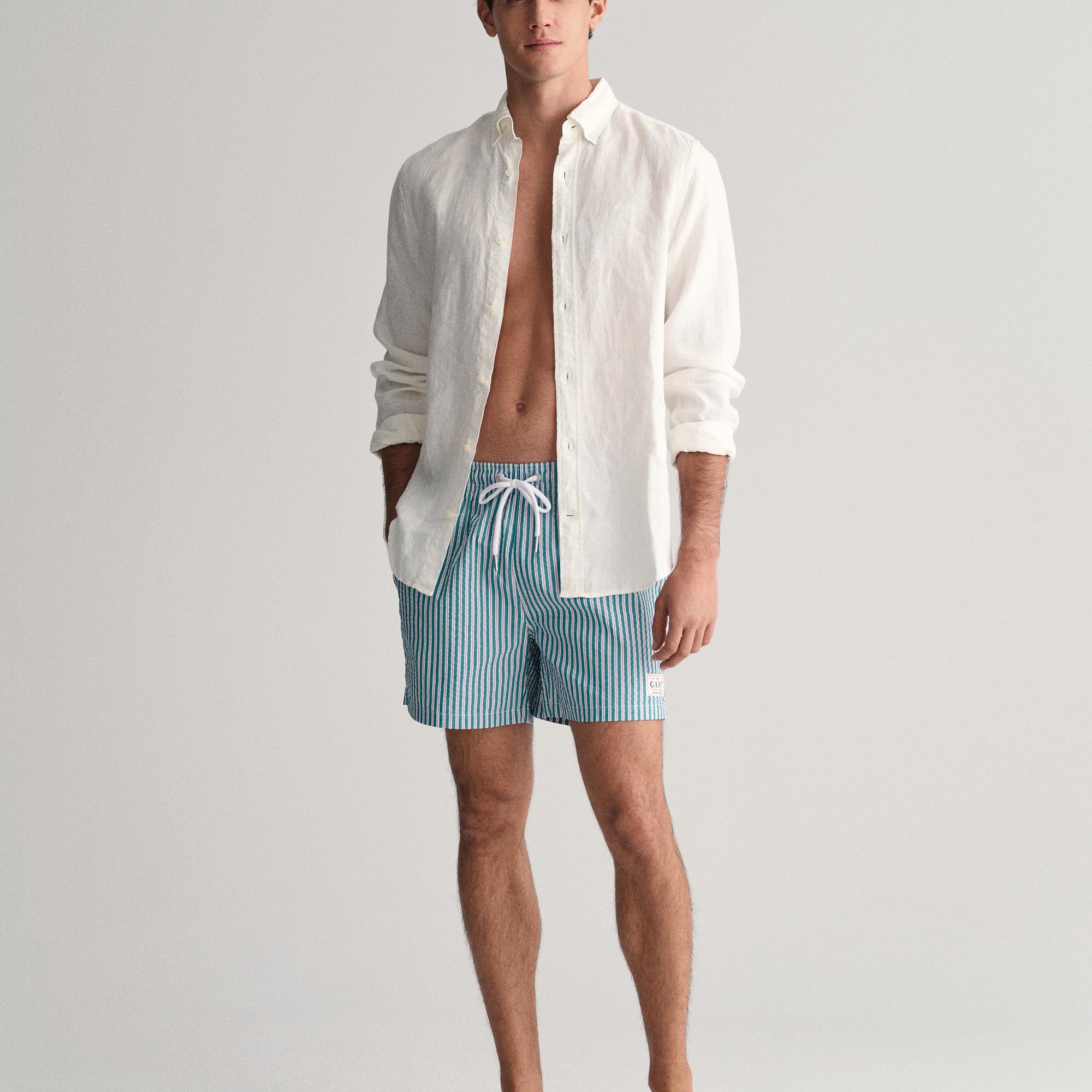 GANT Erkek Yeşil Regular Fit Çizgili Mayo Şort