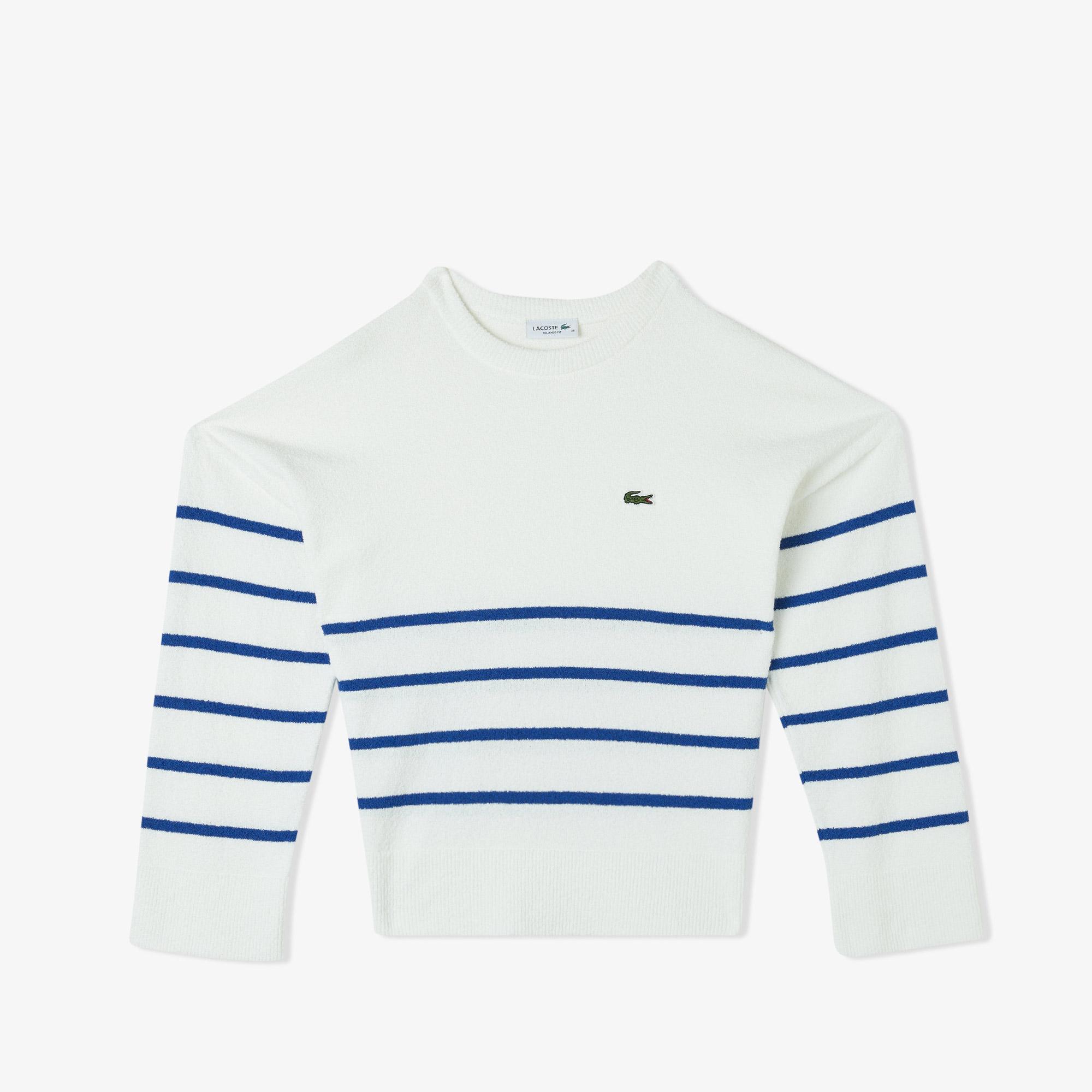 Kadın Relaxed Fit Bisiklet Yaka Çizgili Beyaz Triko