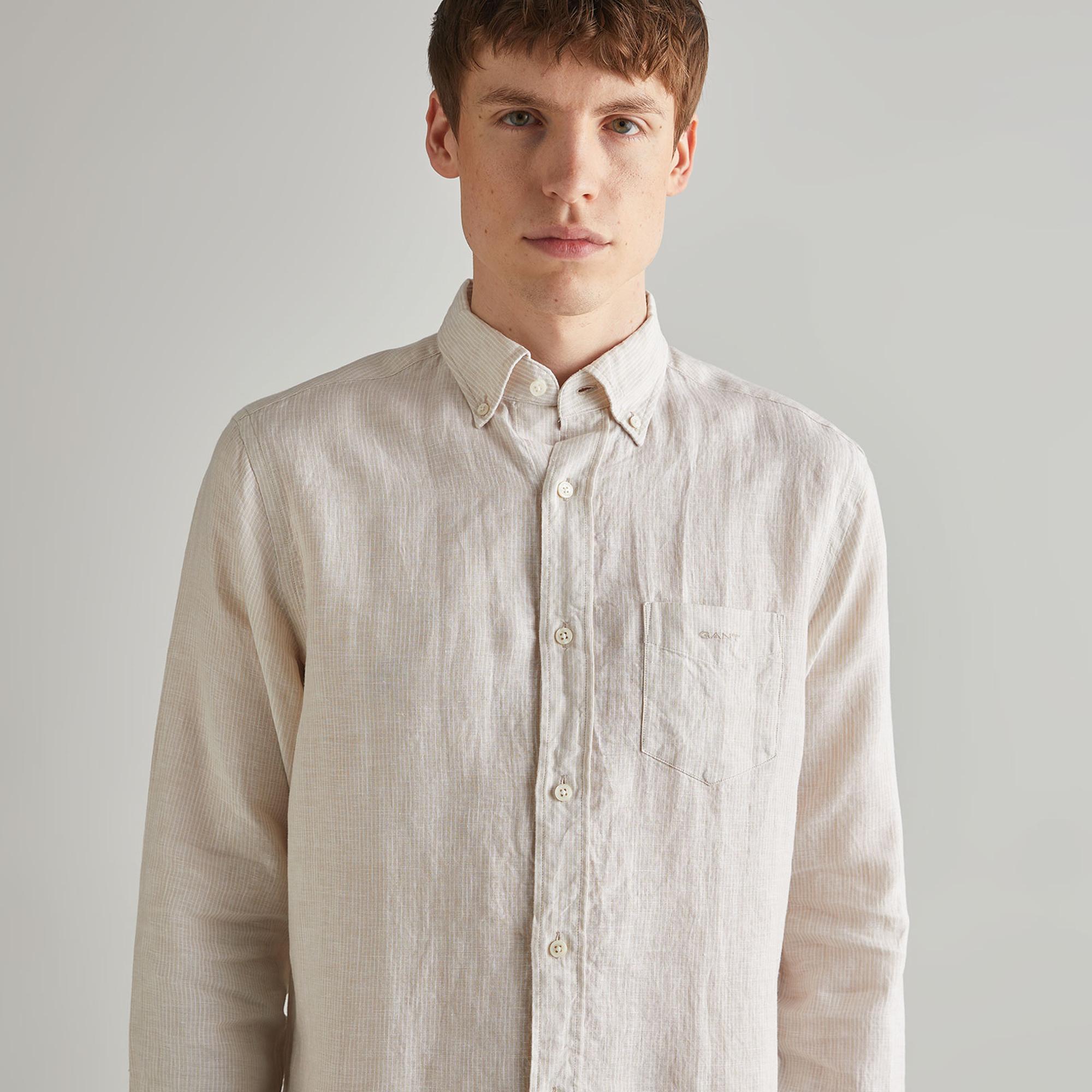 GANT Erkek Bej Regular Fit Çizgili Keten Gömlek