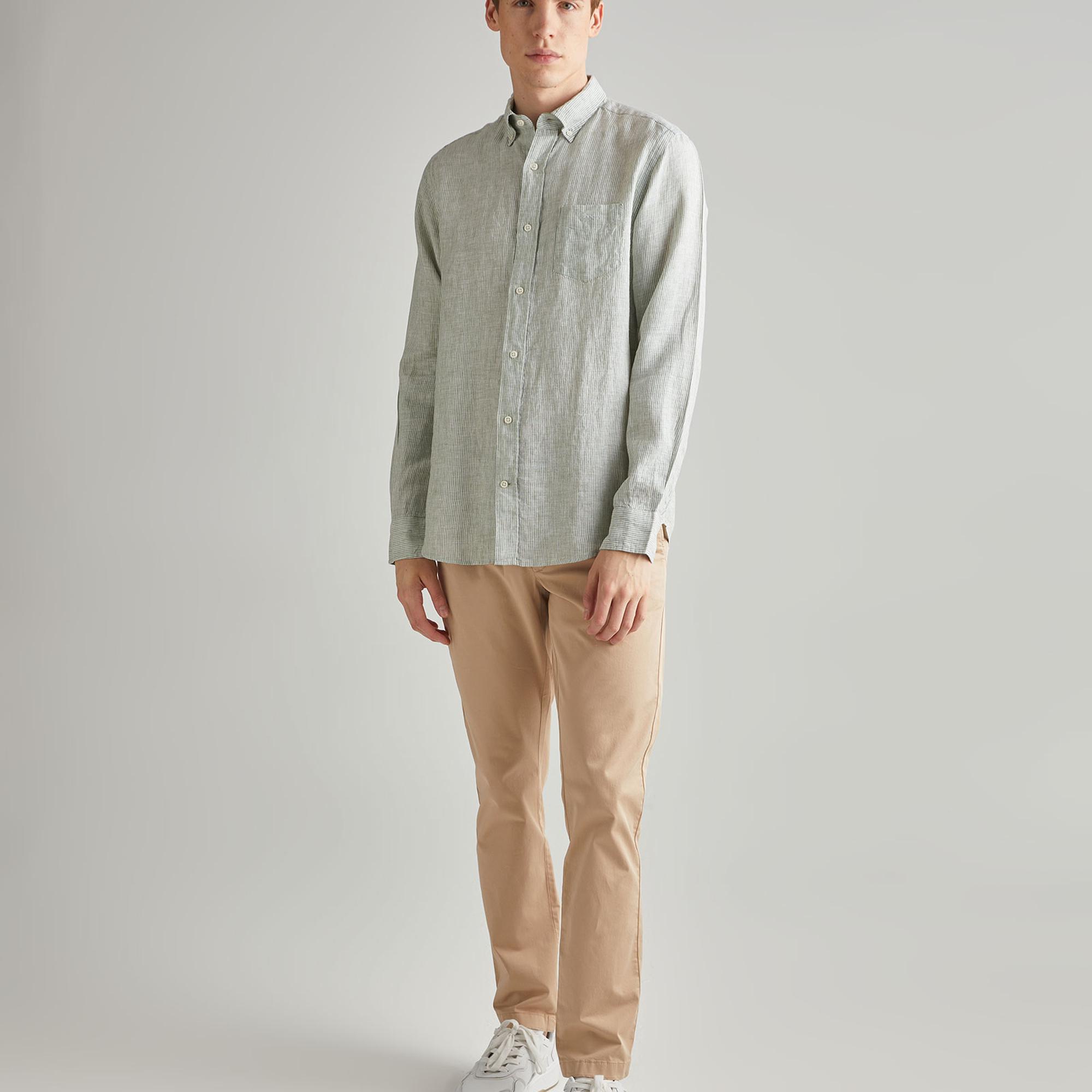 GANT Erkek Yeşil Regular Fit Çizgili Keten Gömlek