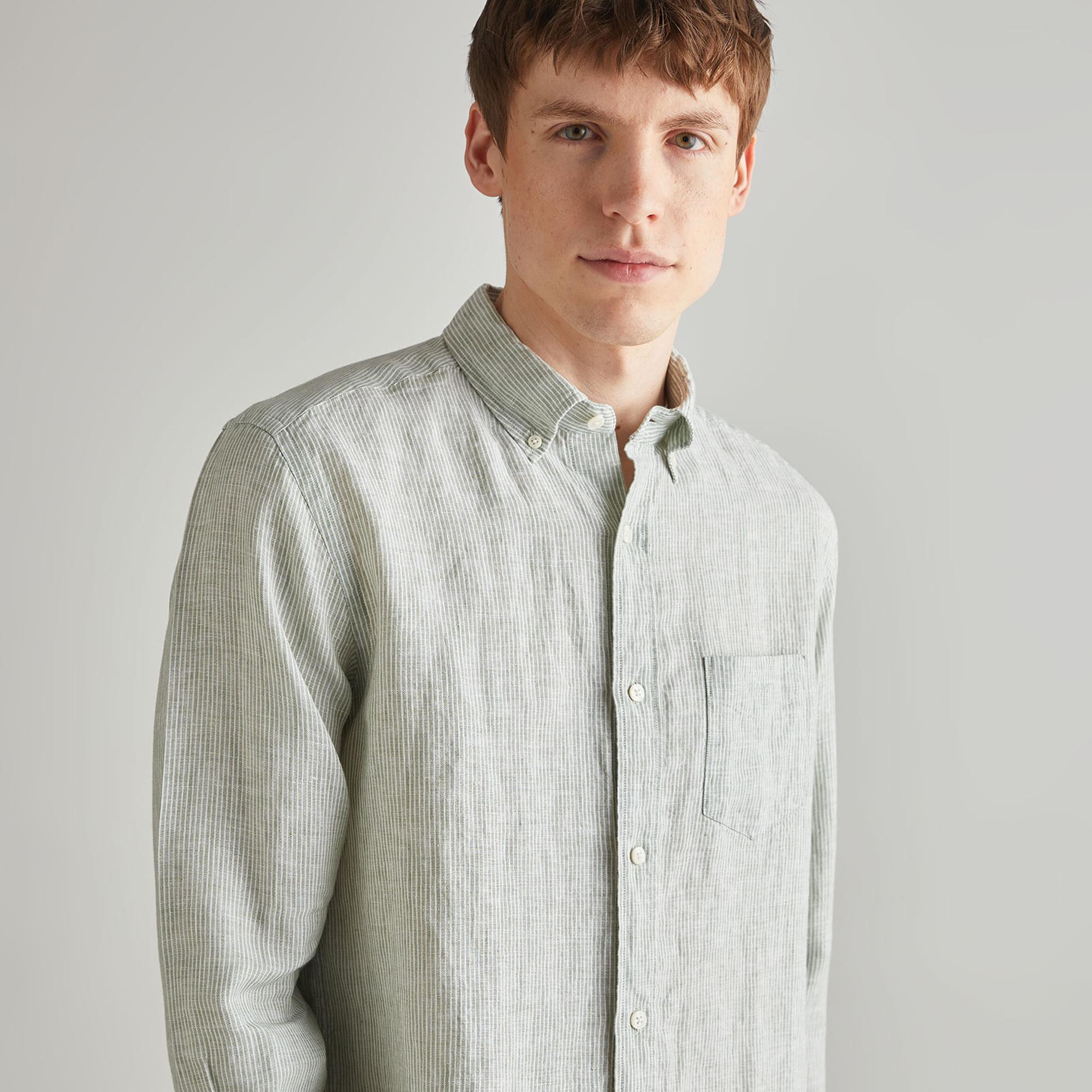 GANT Erkek Yeşil Regular Fit Çizgili Keten Gömlek