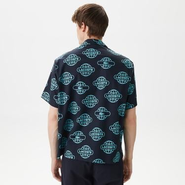  Erkek Relaxed Fit Kısa Kollu Desenli Siyah Gömlek