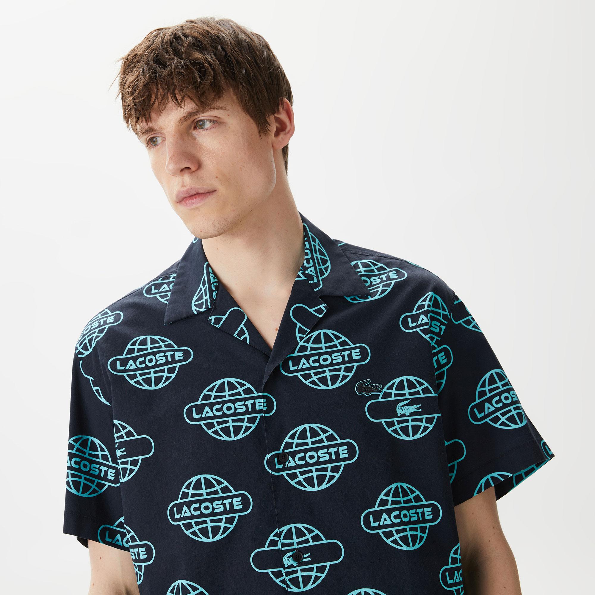 Erkek Relaxed Fit Kısa Kollu Desenli Siyah Gömlek