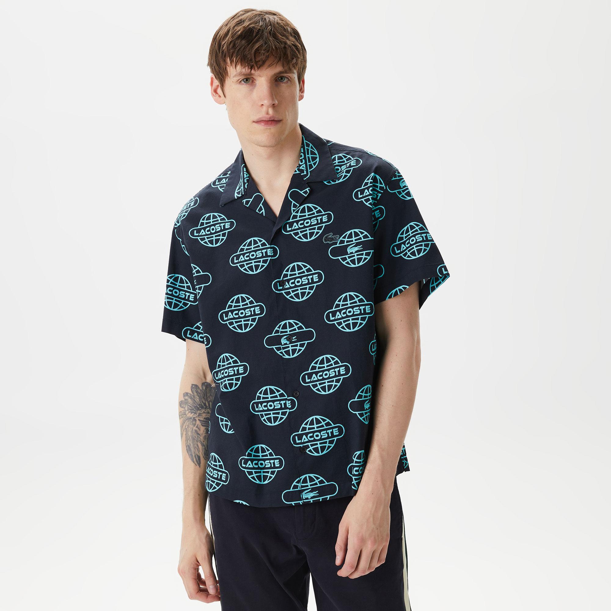 Erkek Relaxed Fit Kısa Kollu Desenli Siyah Gömlek