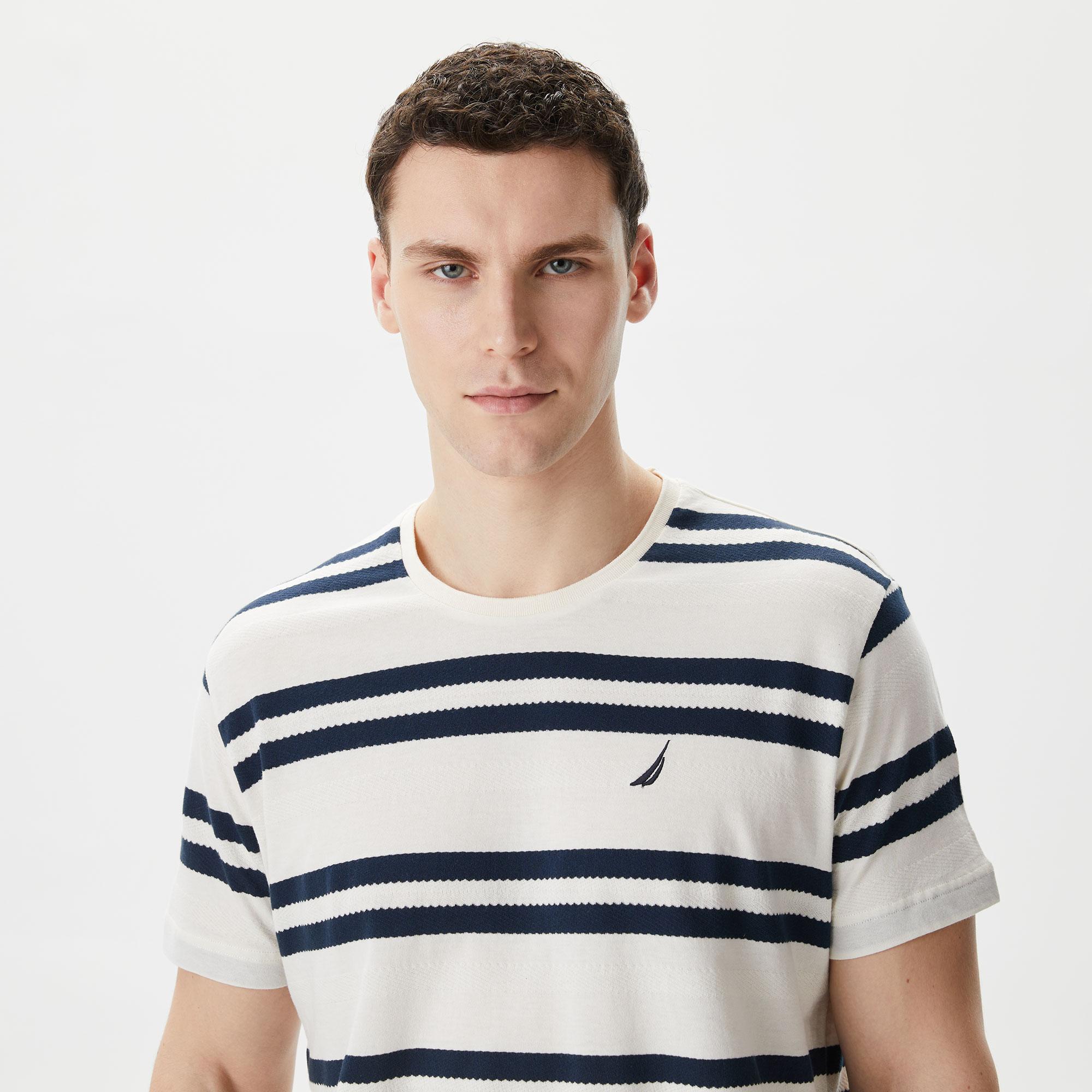 Nautica Erkek Beyaz Standart Fit Kısa Kollu Çizgili T-Shirt