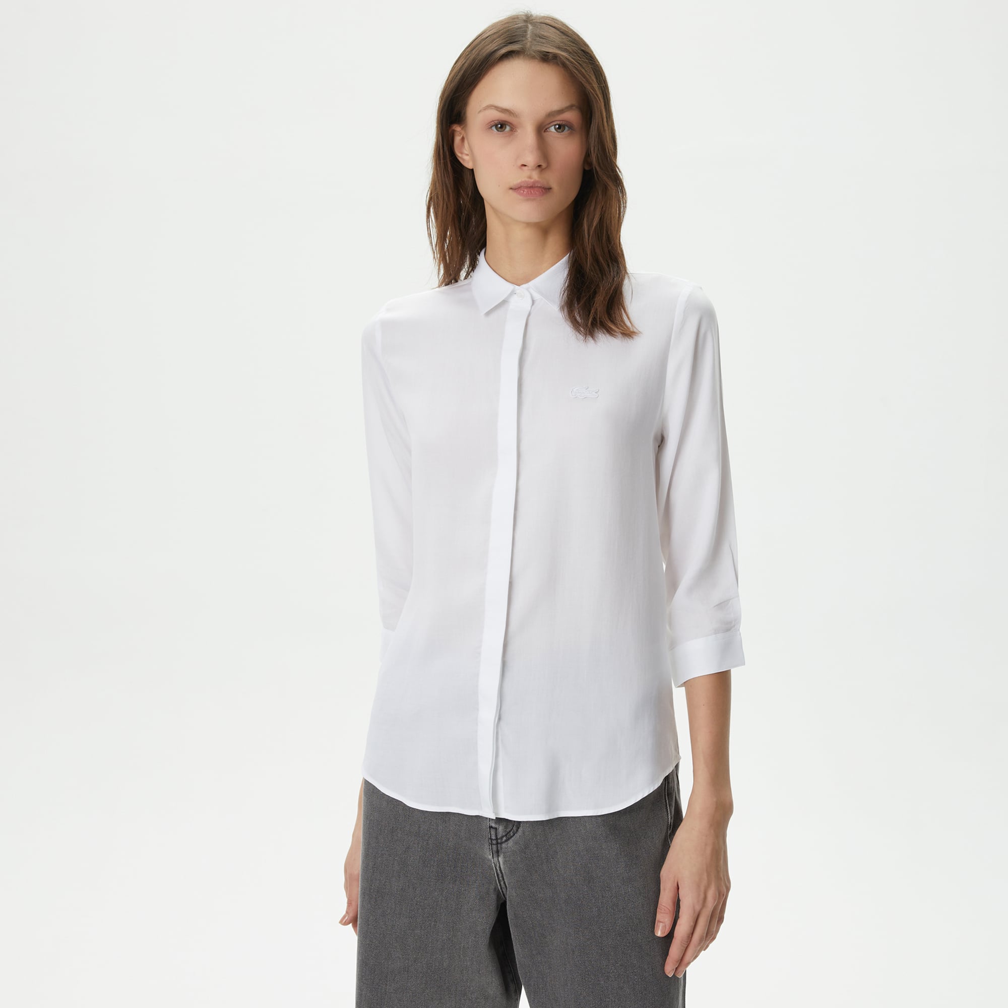  Lacoste Kadın Regular Fit Yarım Kol Beyaz Gömlek