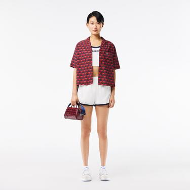  Kadın Relaxed Fit Kısa Kollu Monogram Bordo Gömlek