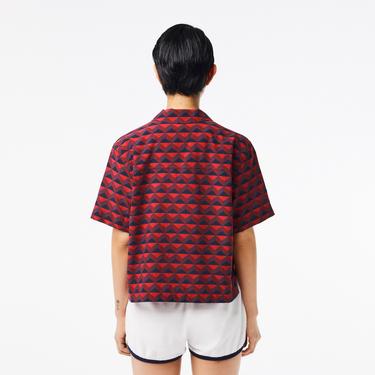  Kadın Relaxed Fit Kısa Kollu Monogram Bordo Gömlek