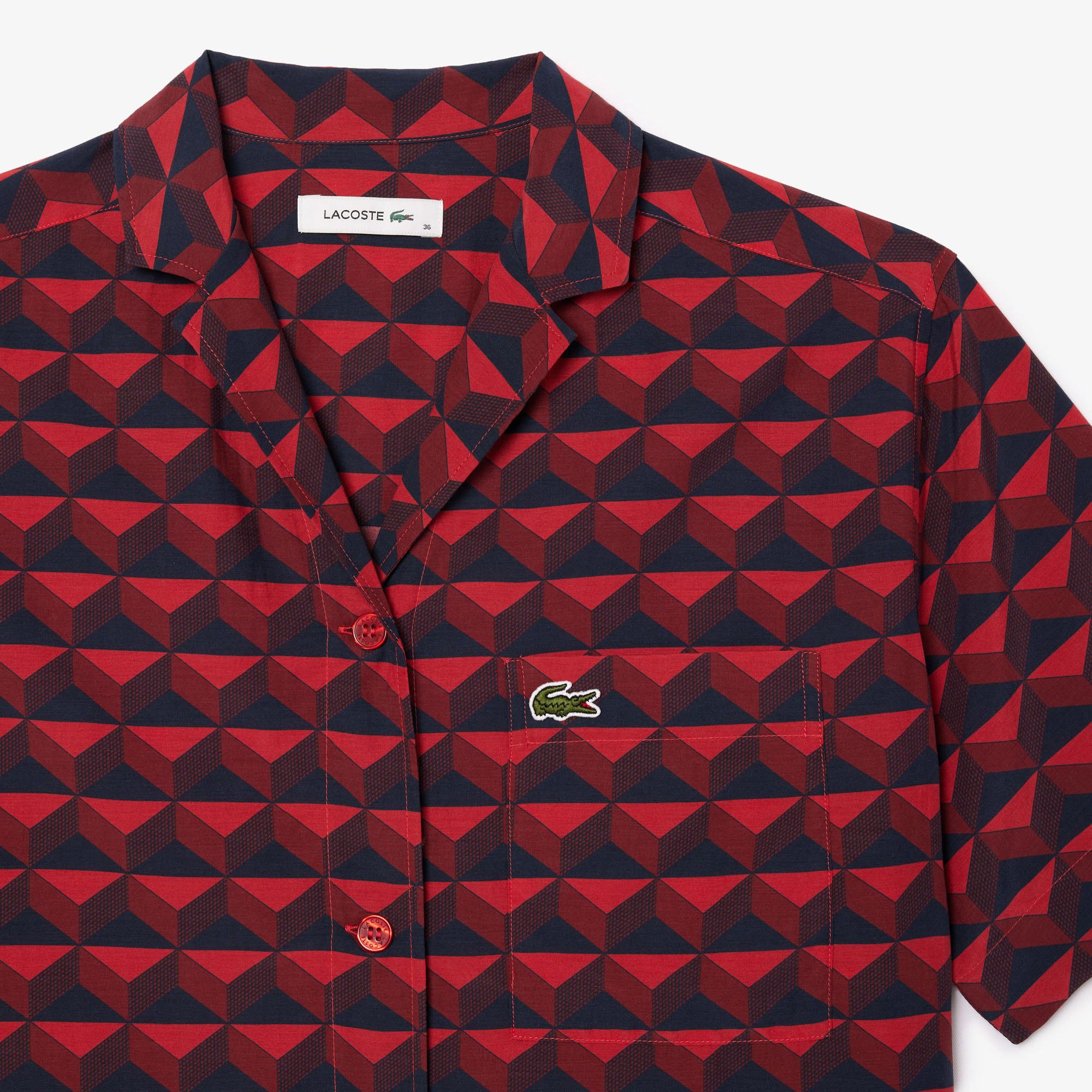 Kadın Relaxed Fit Kısa Kollu Monogram Bordo Gömlek