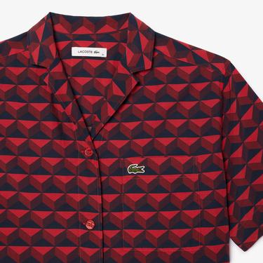  Kadın Relaxed Fit Kısa Kollu Monogram Bordo Gömlek