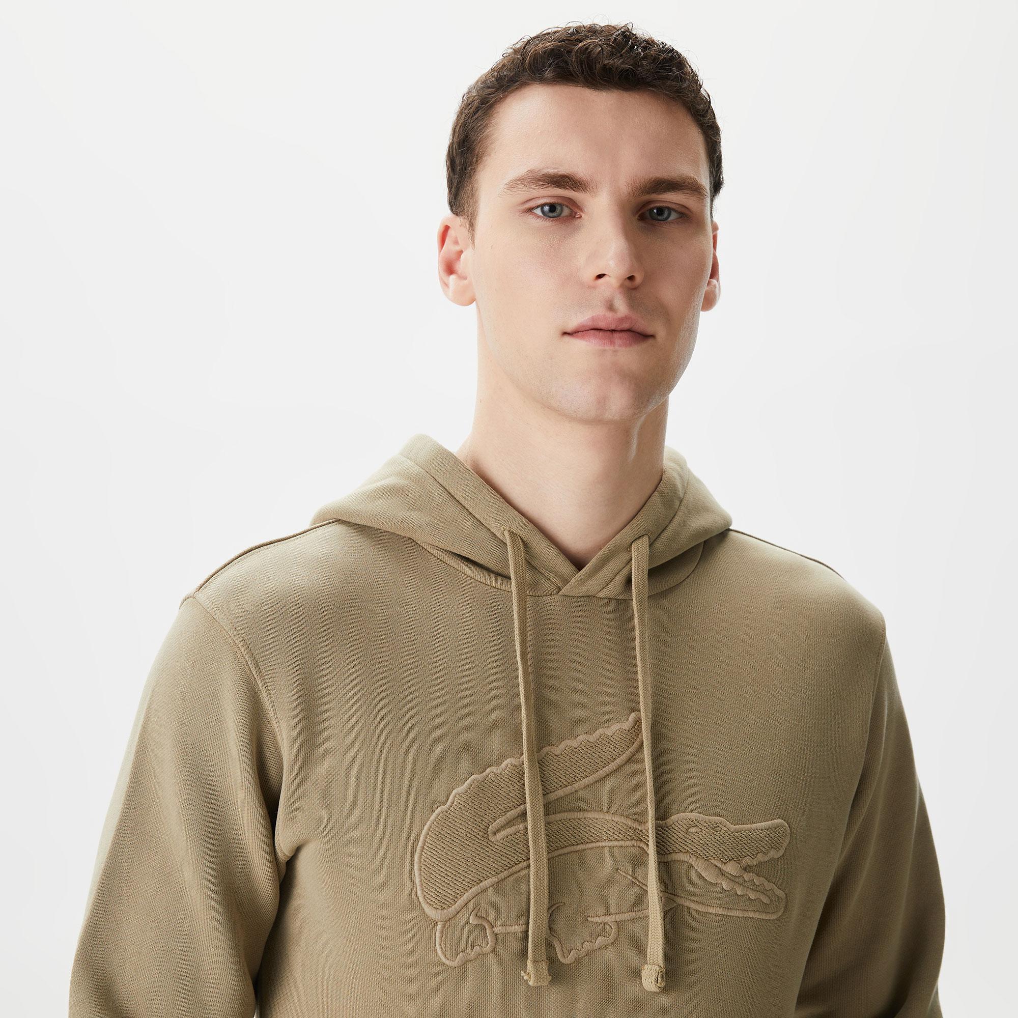 Erkek Relaxed Fit Kapüşonlu Baskılı Bej Sweatshirt