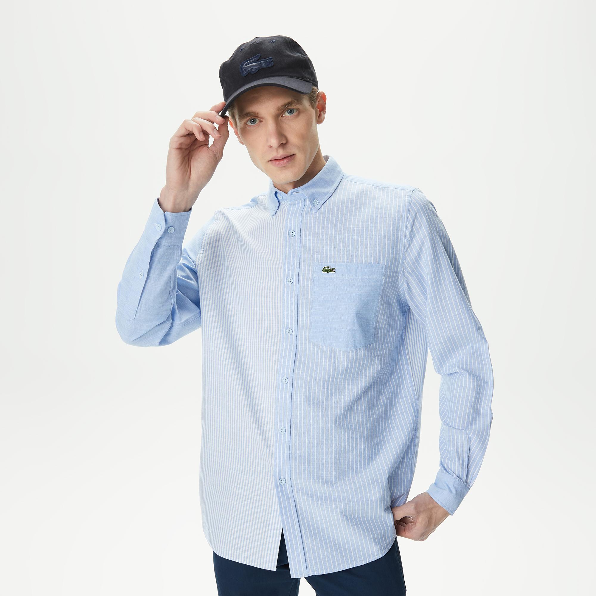 Erkek Regular Fit Çizgili Mavi Gömlek