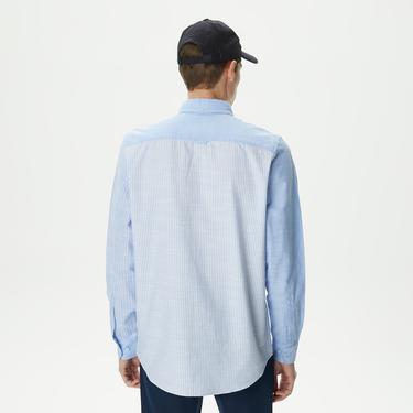  Erkek Regular Fit Çizgili Mavi Gömlek