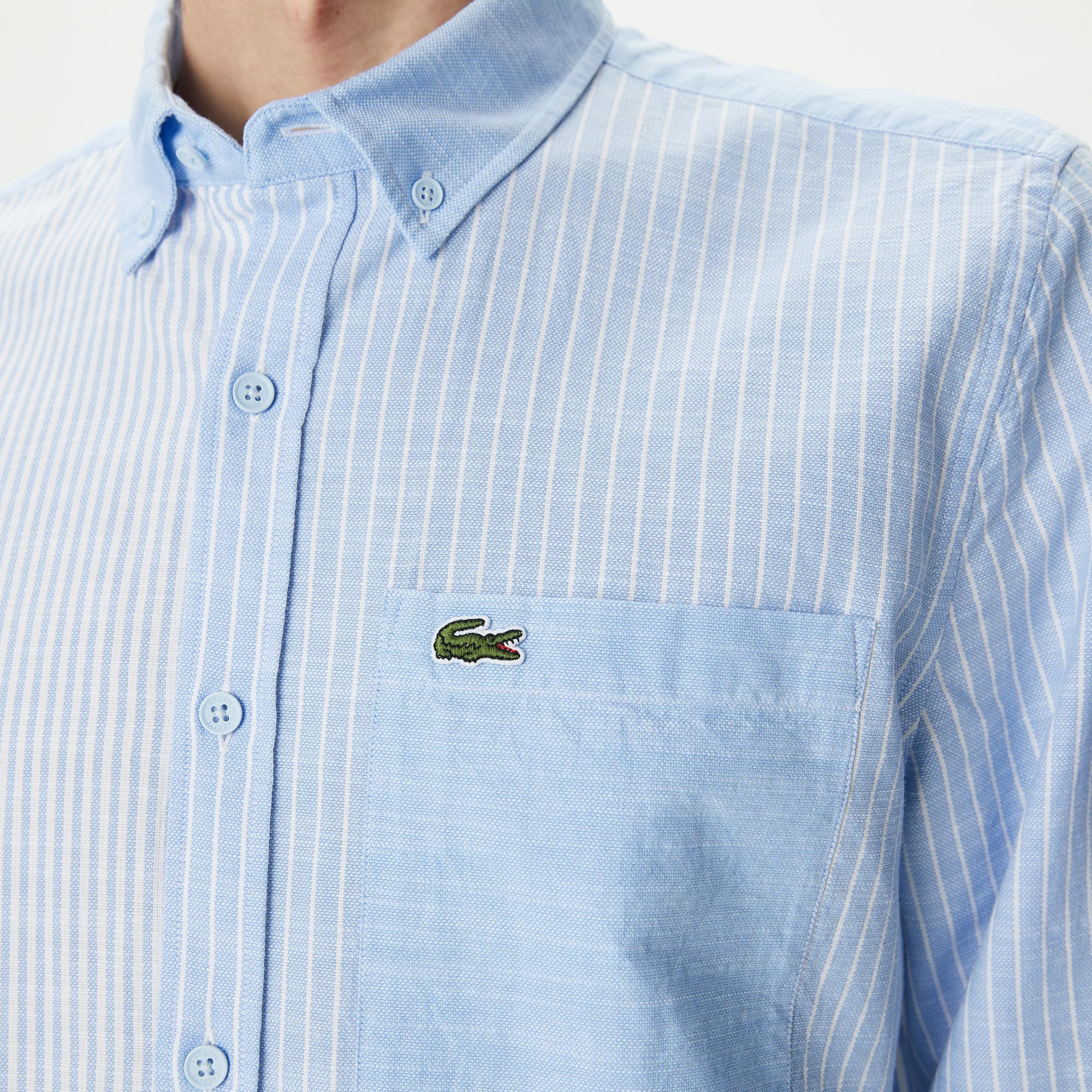 Erkek Regular Fit Çizgili Mavi Gömlek